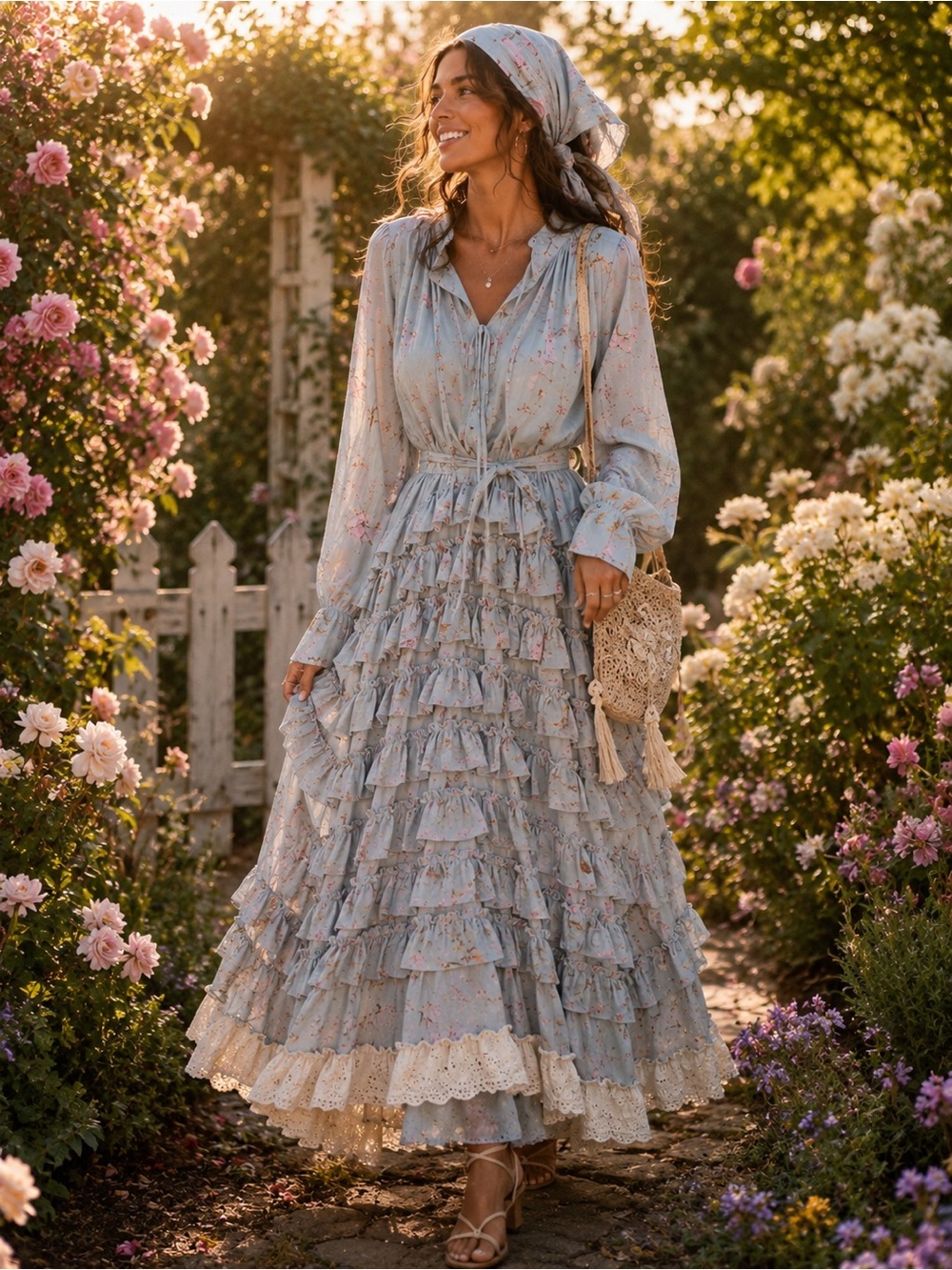 Light Blue Floral Ruffled Maxi Dress